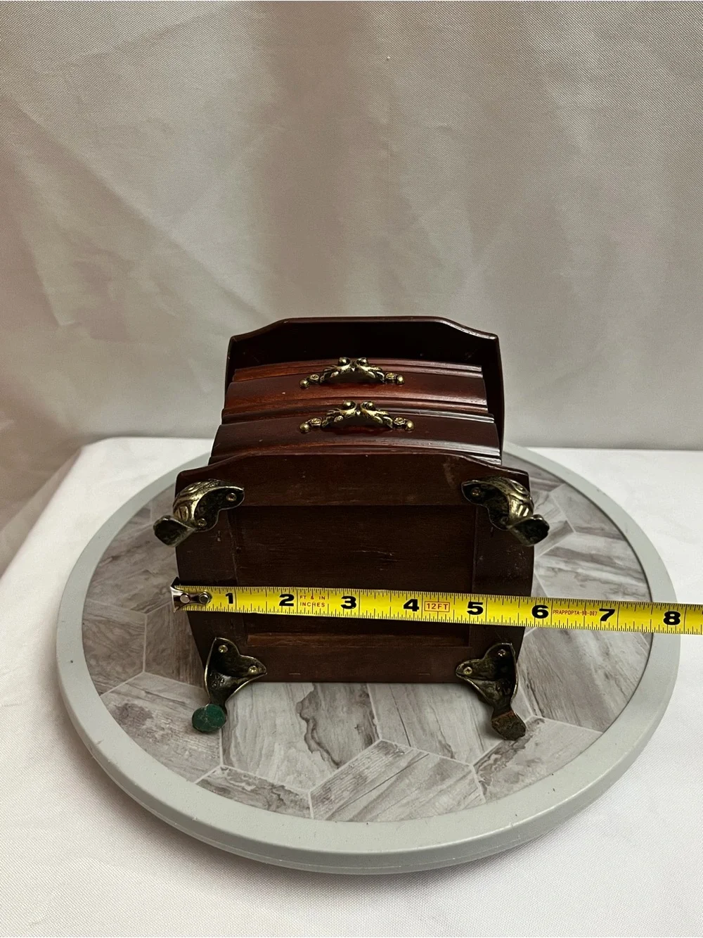 Vintage Style Wooden Jewelry Box 2 Drawer Floral Glass Top Brass Tone Feet